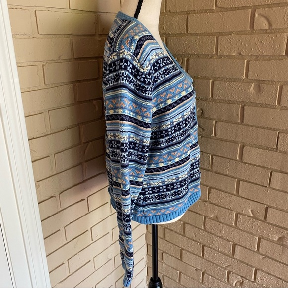 VINTAGE Eddie Bauer Women Cotton Sweater Fair Isle Cardigan V Neck 90s Sz Large - Picture 3 of 7